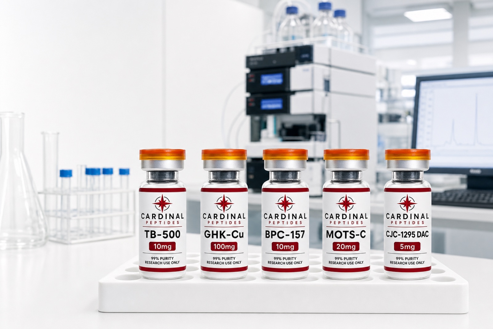 Cardinal Peptides lyophilized peptide vials on a laboratory bench beside analysis equipment.