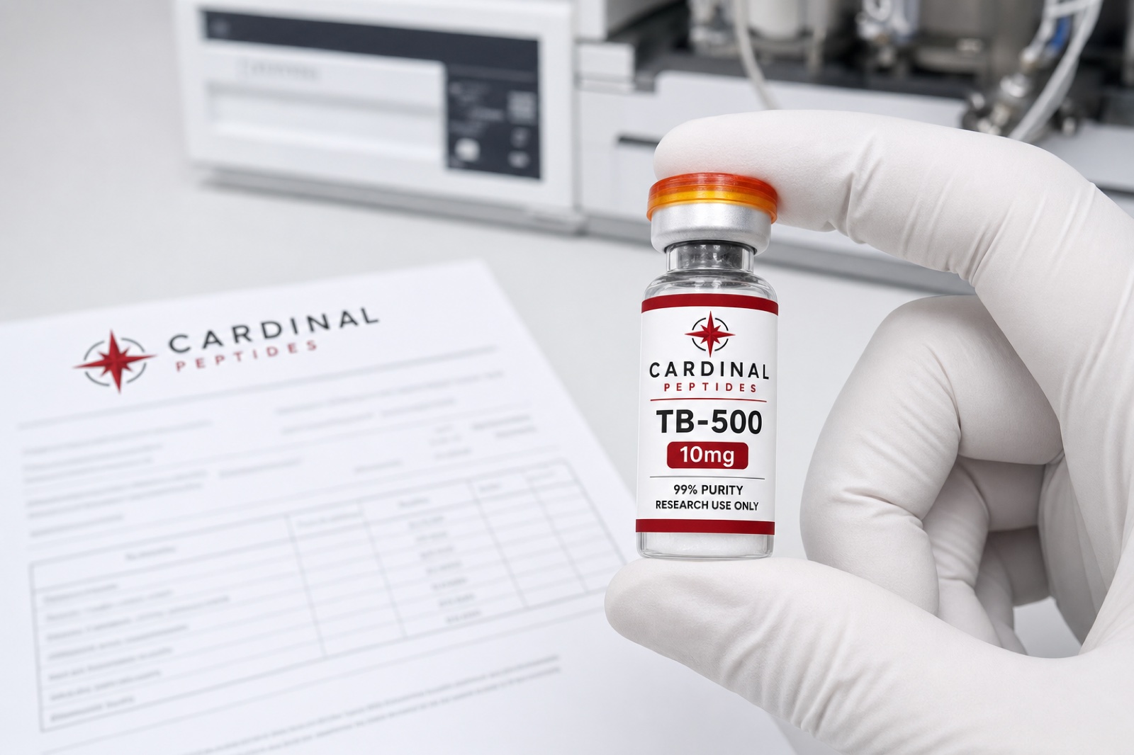 A gloved hand holds a Cardinal Peptides vial above its printed Certificate of Analysis, beside an HPLC system.