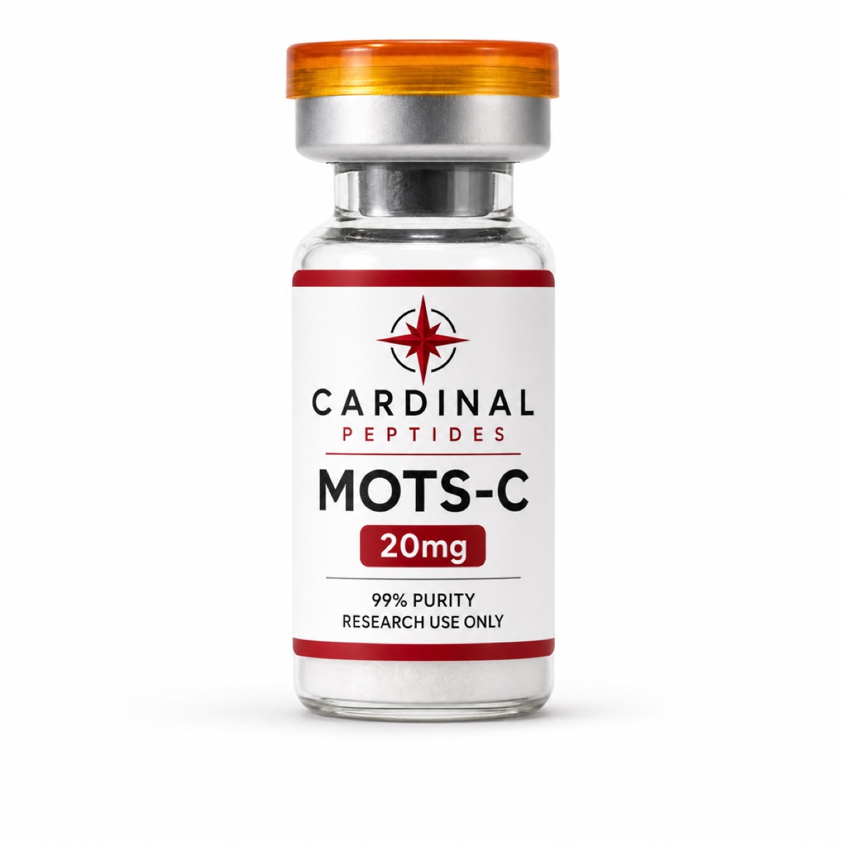 MOTS-C 20mg lyophilized peptide reference material in a Cardinal Peptides glass vial